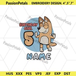 bluey custom name machine embroidery design digital, chiili bluey birthday embroidery file, bluey cartoon embroidery di