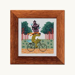 Motty Traveler Frog and The Tenement hat cross stitch pattern