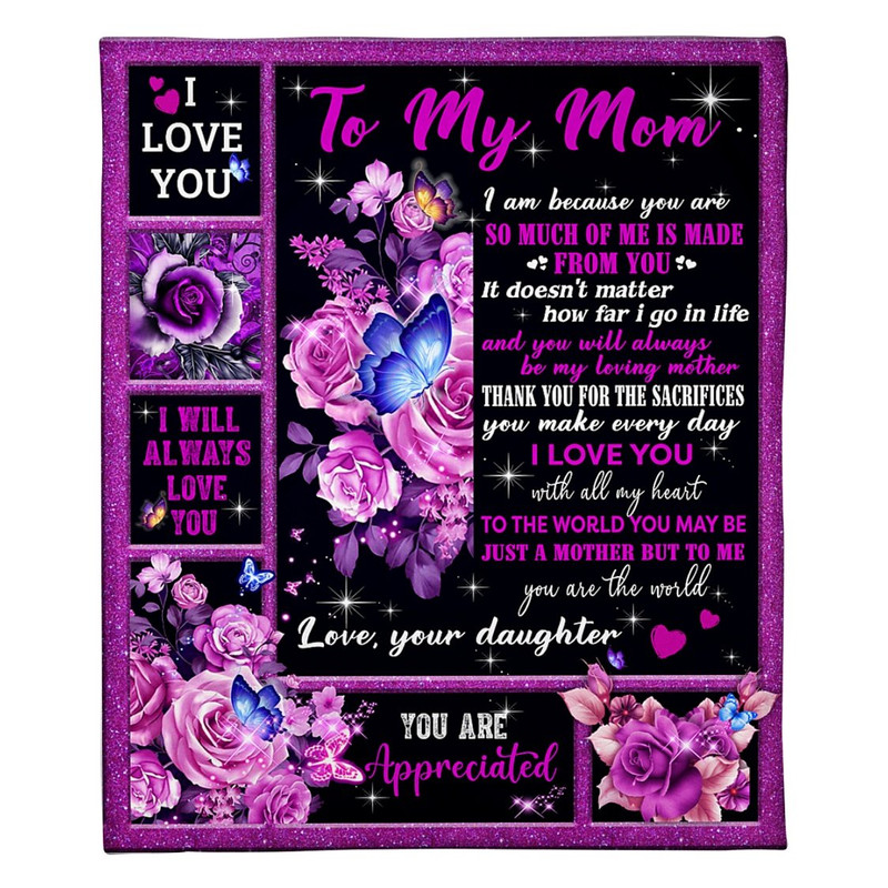 Mother's Day Gift For Mom, Butterfly And Flower Blanket, To My Mom, I Love You Fleece Blanket 1.jpg