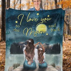 mother's day gift idea, gift for mom, daughter and mom blanket, love you to the moon and back fleece blanket