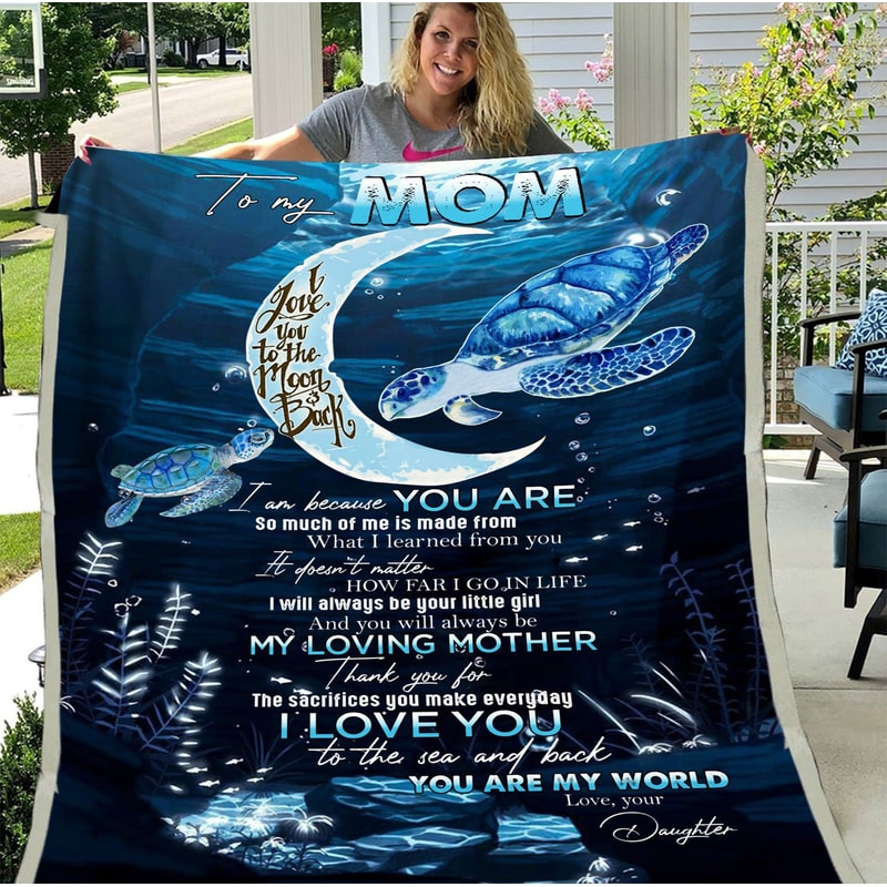 To My Mom I Love You To The Moon And Back, You Are My World Turtle Fleece Blanket 1.jpg