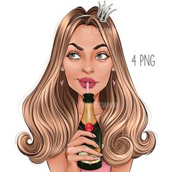 Fashion Girl with Champagne, Party Queen Clipart, planner clipart