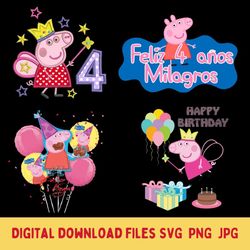 Peppa Pig 4 Birthday Girl Png, Girl Birthday Png, Peppa Pig Png, Cute Pig Png, Gifts for Girls, Pig Birthday Svg