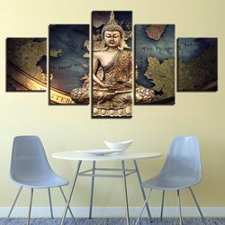 buddha 2 religion 5 pieces canvas wall art, large framed 5 panel canvas wall art