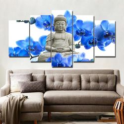 buddha blue flowers religion 5 pieces canvas wall art, large framed 5 panel canvas wall art