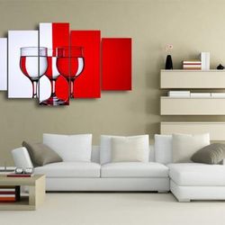 red and white wine glasses refraction photo effect abstract canvas wall art 5 pieces canvas wall art, large framed 5 pan