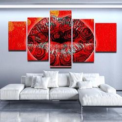 rose lips abstract 5 pieces canvas wall art, large framed 5 panel canvas wall art