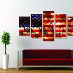 rusted flag abstract 5 pieces canvas wall art, large framed 5 panel canvas wall art