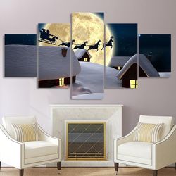 santas sleigh abstract 5 pieces canvas wall art, large framed 5 panel canvas wall art