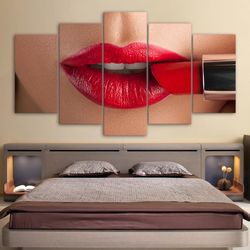 sexy lip with red lipstick abstract 5 pieces canvas wall art, large framed 5 panel canvas wall art