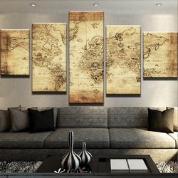 world map 04 abstract 5 pieces canvas wall art, large framed 5 panel canvas wall art