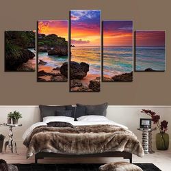 tropical beach sunset nature 5 pieces canvas wall art, large framed 5 panel canvas wall art