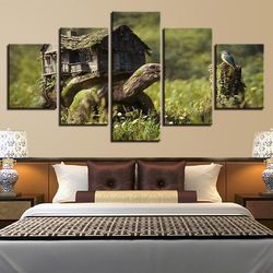 wooden house and animal tortoise bird nature 5 pieces canvas wall art, large framed 5 panel canvas wall art