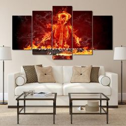 fire flames skull skeleton keyboard player abstract music art large framed 5 pieces canvas wall art decor