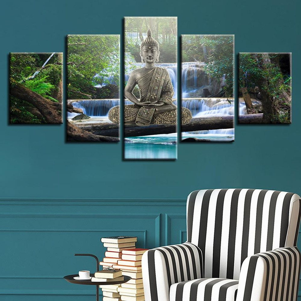 Gold Buddha Meditation Waterfall Religion Art.jpg
