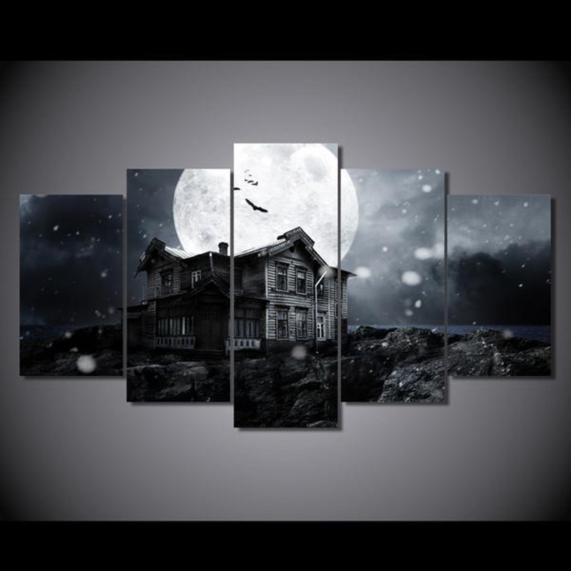 Halloween Spooky Haunted House Full Moon Bats Abstract Art.jpg