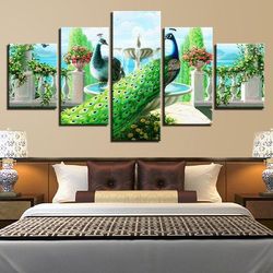 peacock couple garden fountain peacock abstract animal art large framed 5 pieces canvas wall art decor