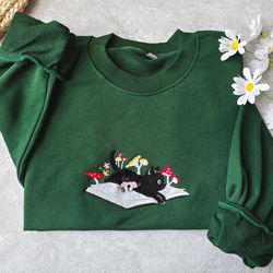 cute black cat and books embroidered sweatshirt,embroidered mushroom crewneck,mushroom decor, gift for cat lover