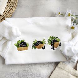 cute black cat and plants embroidered crewneck,cat embroidered sweatshirt,embroidered plants crewneck,gift for cat lover