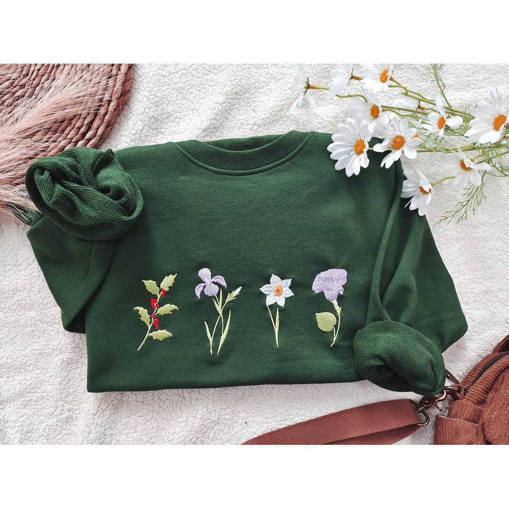 Dark green Holly,Iris,Lilies and Petunias Crewneck embroidered aesthetic sweatshir t,Gifts for her.jpg