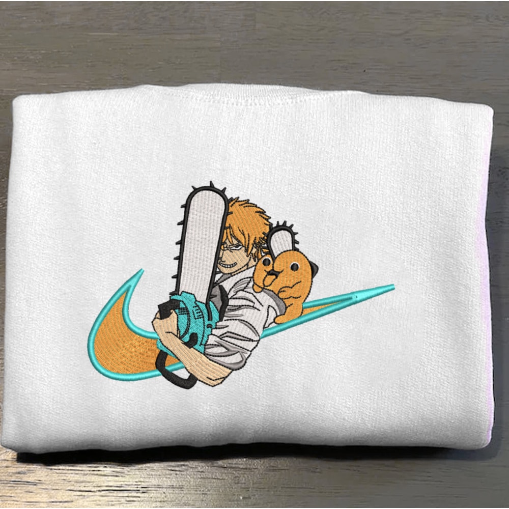 Denji Nike Embroidered Crewneck, Chainsaw Man Embroidered Sweatshirt, Inspired Embroidered Manga Anime Hoodie.jpg