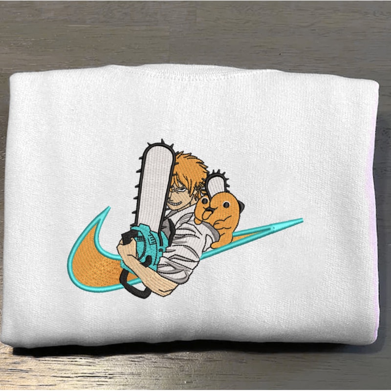 Denji Nike Embroidered Crewneck, Chainsaw Man Embroidered Sweatshirt, Inspired Embroidered Manga Anime Hoodie.jpg