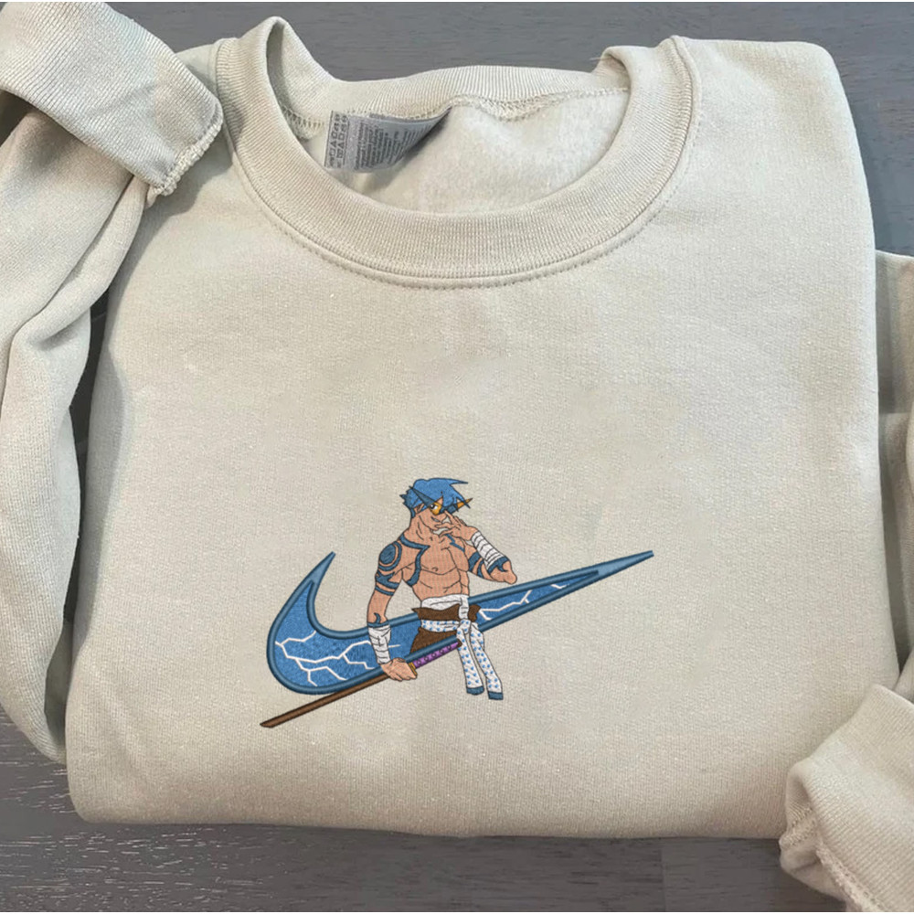 Kamina Nike Embroidered Crewneck, Gurren Lagann Embroidered Sweatshirt, Inspired Embroidered Manga Anime Hoodie.jpg
