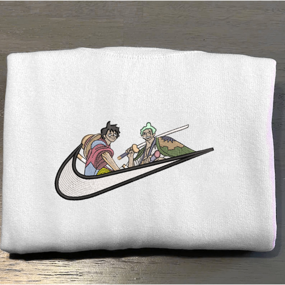 Luffy And Zoro Nike Embroidered Crewneck, One Piece Embroidered Sweatshirt, Inspired Embroidered Manga Anime Hoodie 1.jpg