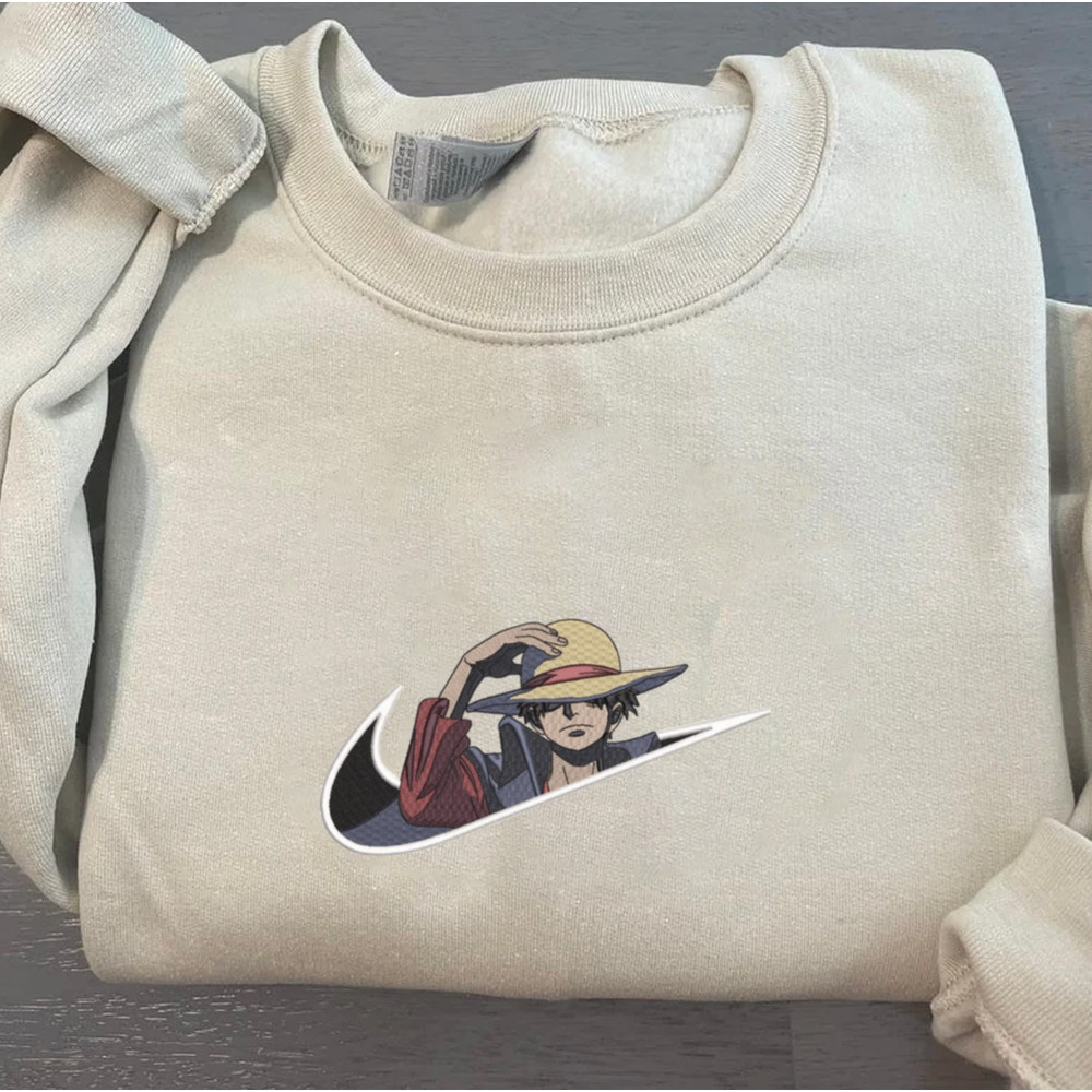 Luffy Nike Embroidered Crewneck, One Piece Embroidered Sweatshirt, Inspired Embroidered Manga Anime Hoodie 2.jpg