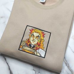 rengoku embroidered crewneck, demon slayer embroidered sweatshirt, inspired embroidered manga anime hoodie 3