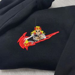 rengoku nike embroidered crewneck, demon slayer embroidered sweatshirt, inspired embroidered manga anime hoodie