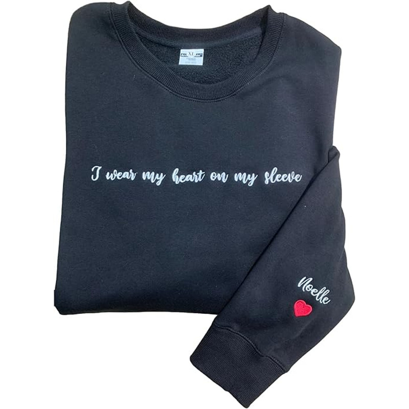 Custom Embroidered I Wear My Heart On My Sleeve With Children Name, Gift For Mom, Custom Mama Shirt With Kids Names.jpg
