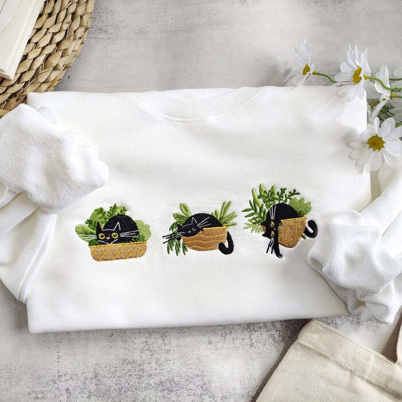 Cute Black Cat And Plants Embroidered Crewneck,Cat Embroidered Sweatshirt,Embroidered Plants Crewneck,Gift For Cat Lover.jpg