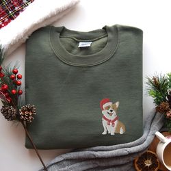 embroidered christmas corgi sweatshirt, corgi santa embroidery, festive corgi mom crewneck, corgi gifts