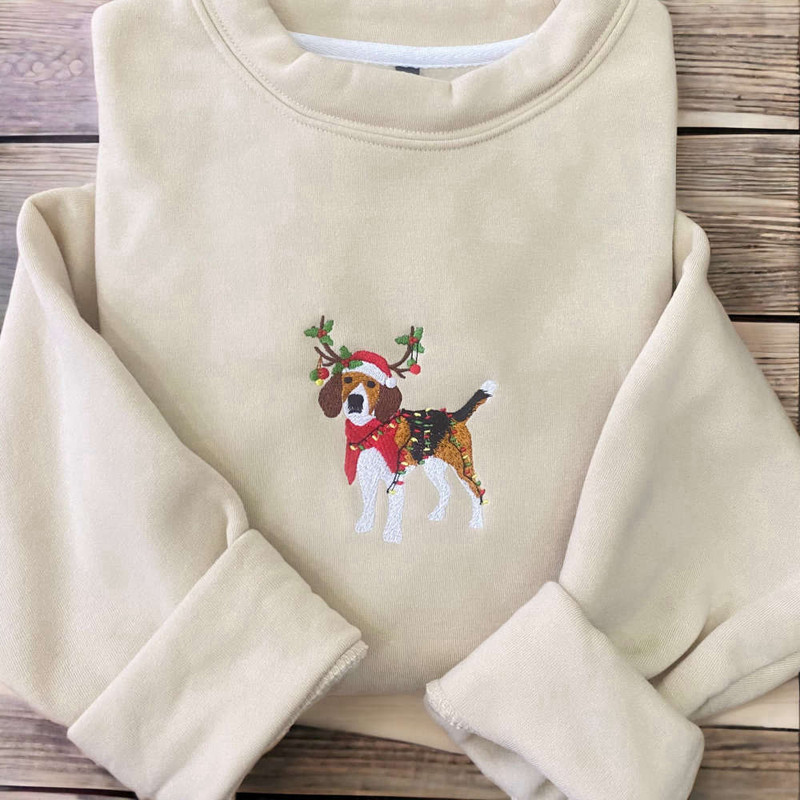 Embroidered Christmas Dog Sweatshirt, Beagle Reindeer Santa Dog Sweatshirt For Family.jpg