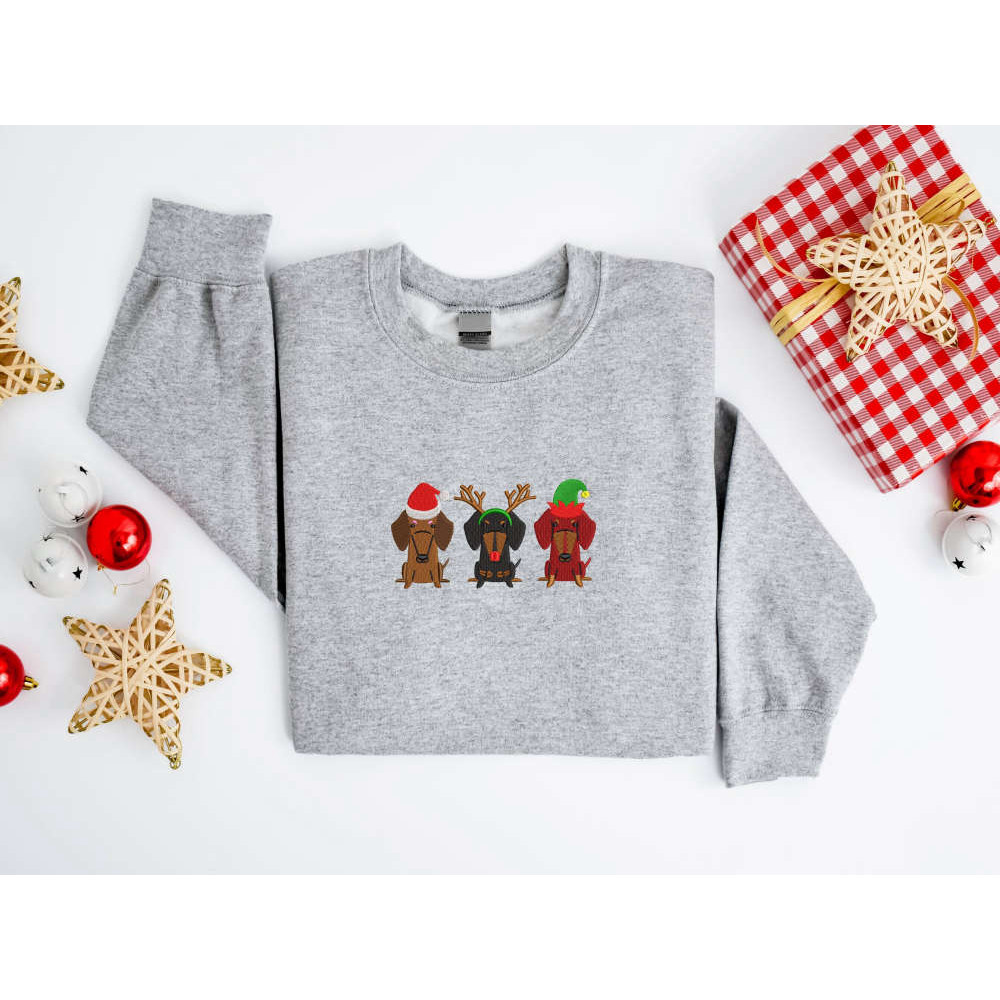 Embroidered Christmas Dog Sweatshirt, Dachshund Dog Sweatshirt For Family.jpg