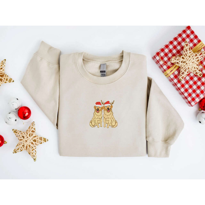 Embroidered Christmas Dog Sweatshirt, Golden Retriever Santa Sweatshirt For Family.jpg