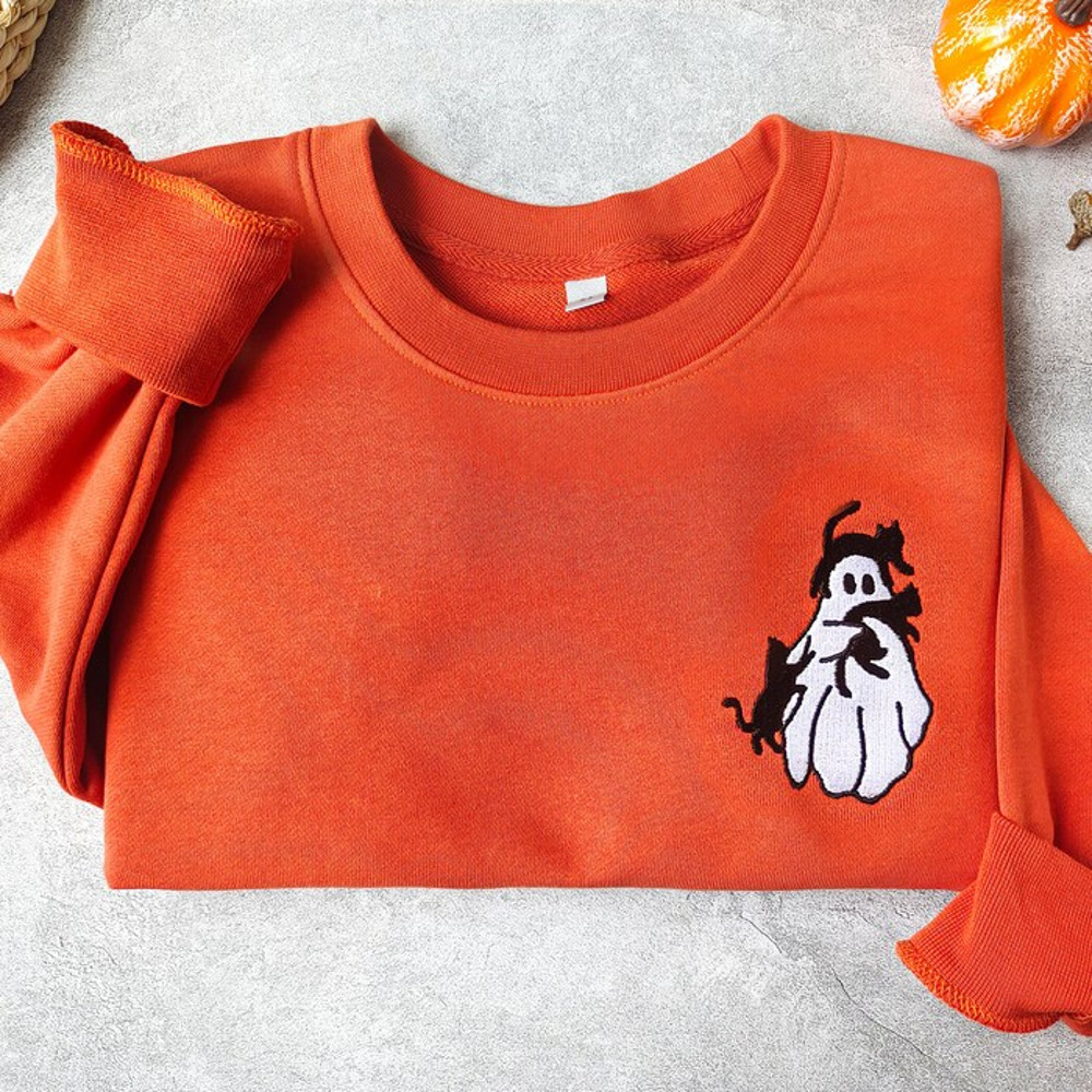 Embroidered Ghost And Cat Sweatshirt,Black Cat Crewneck,Halloween Crewneck,Ghost Shirt, Spooky Season,Halloween Costumes,Cat Lover Shirt.jpg