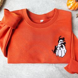 embroidered ghost and cat sweatshirt, black cat crewneck, halloween crewneck, ghost shirt, cat lover shirt