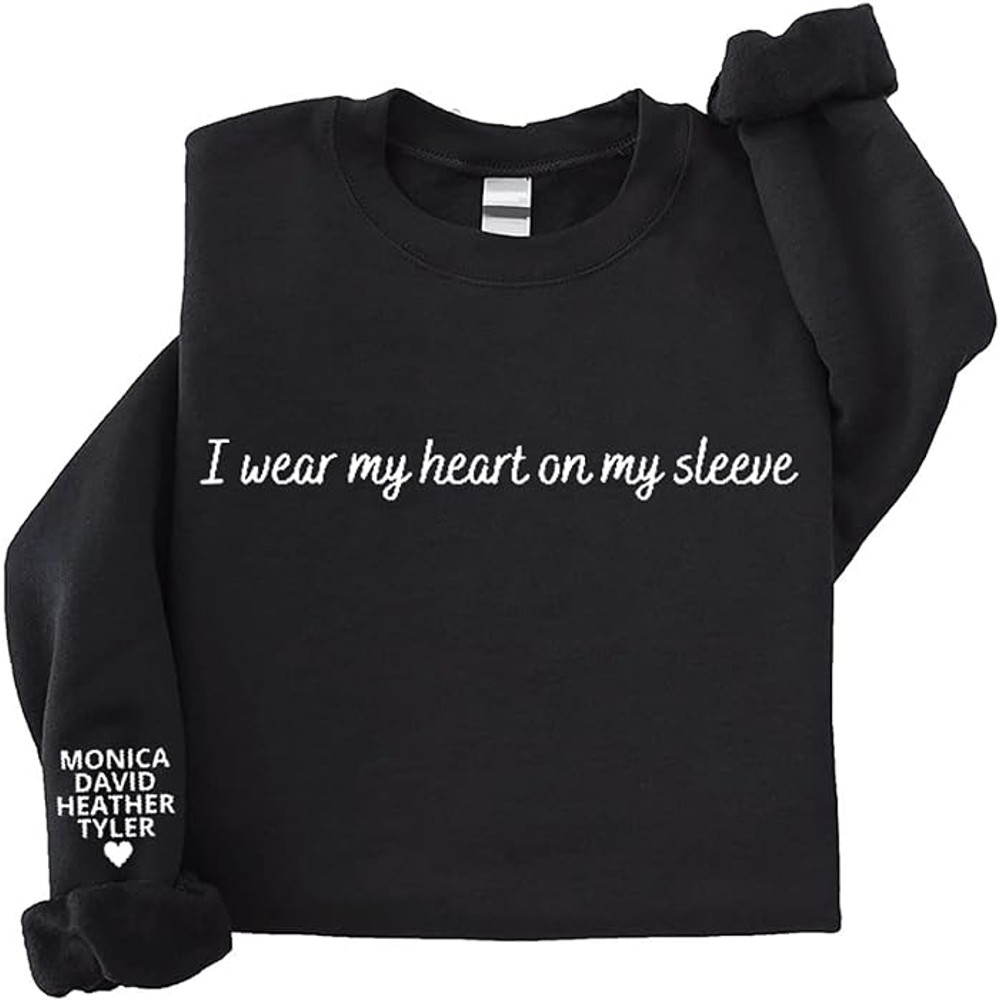 Embroidered I Wear My Heart On My Sleeve Sweatshirt With Kids Names On Sleeve, Mama Sweatshirt, Mom Sweatshirt, Custom Embroidery Mom Sweatshirt.jpg