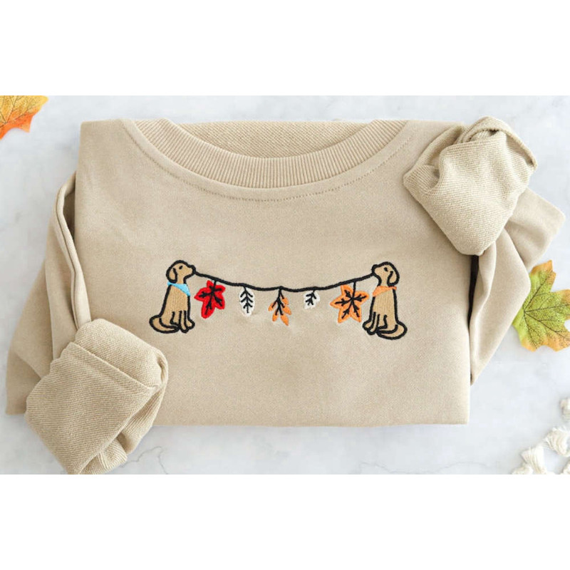 Fall Leaves Dog Embroidered Sweatshirt 2D Crewneck Sweatshirt For Family.jpg