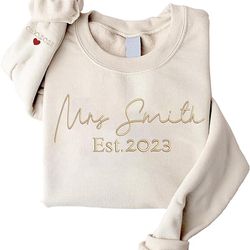 givesmiles custom embroidered mrs sweatshirt, custom mrs. last name sweatshirt, custom date on sleeve