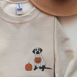 halloween dog sweatshirt embroidered, cute black lab in ghost costume shirt, labrador retriever embroidery sweater