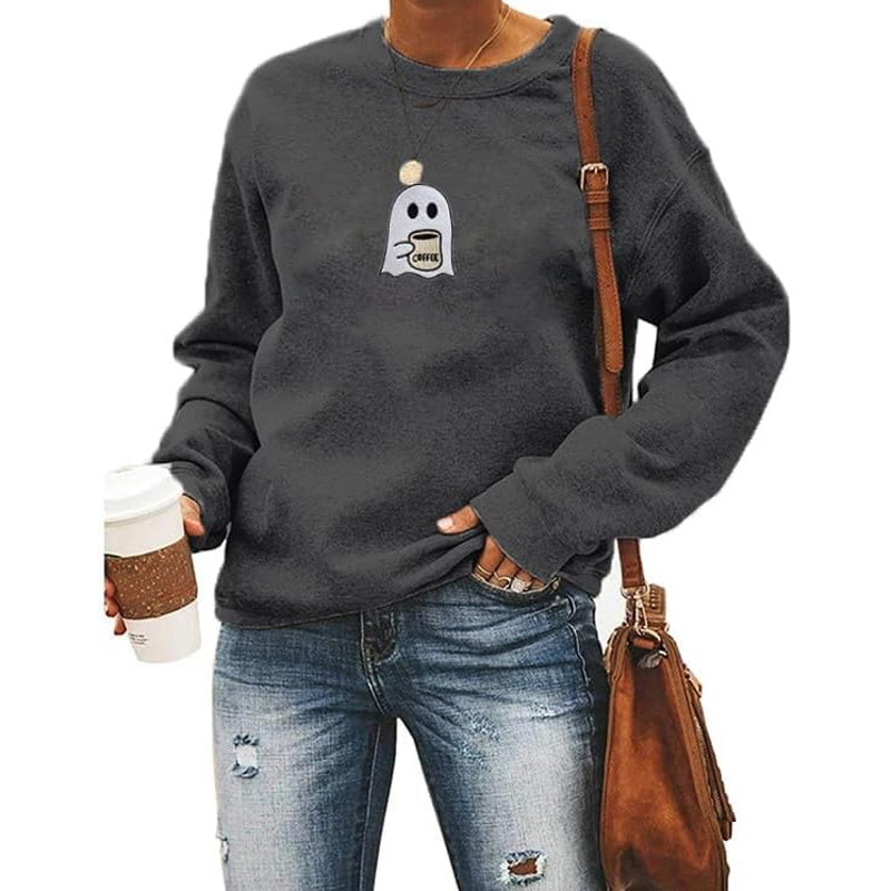 Halloween Ghost Coffee Sweatshirt Women Embroidered Spooky Long Sleeve Shirt Crewneck Halloween Pullover Top.jpg