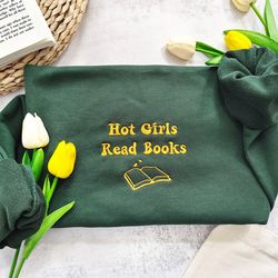 hot girls read books embroidered sweatshirt, reading sweatshirt, hot pink thread, book club, gift for her