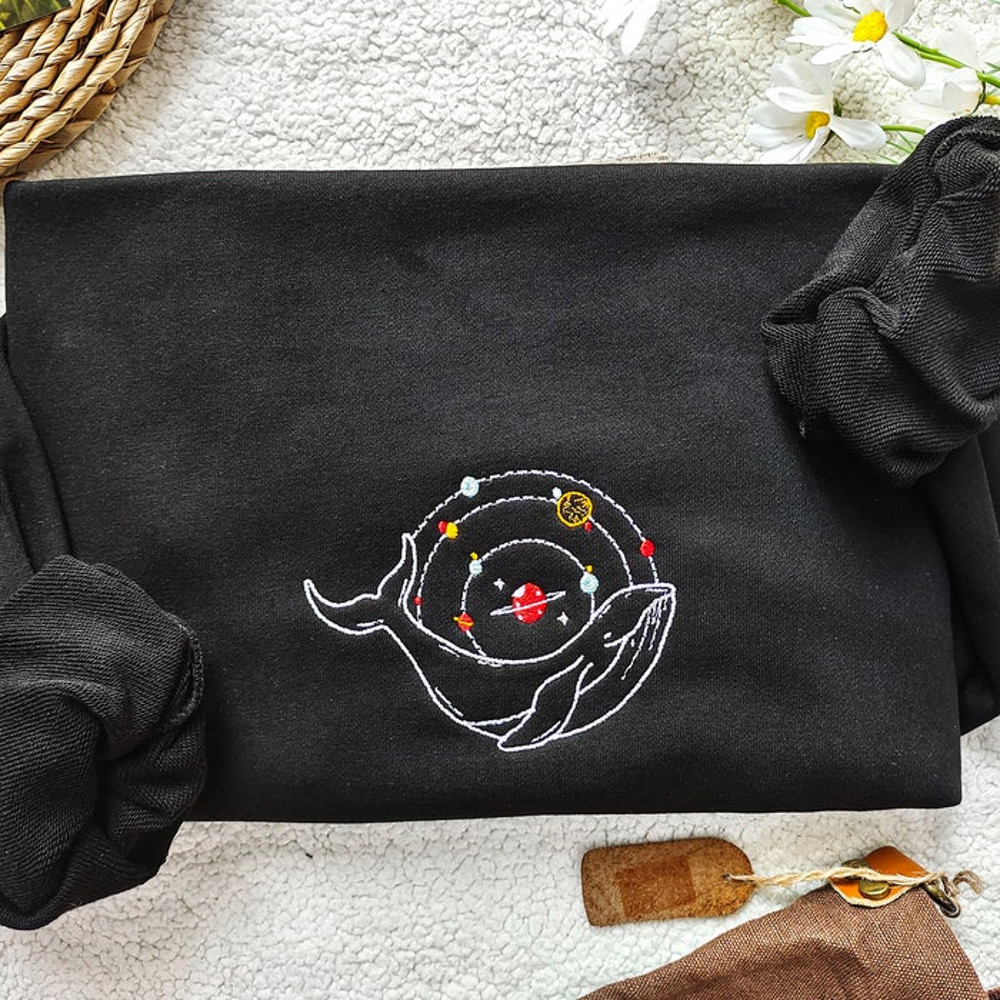 Magic Planets And Whales Embroidered Sweatshirt,Black Embroidery Planet Embroidered Crewneck, Nature Lover Gift.jpg
