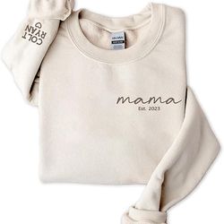 mama embroidered sweatshirt, custom mama est date shirt with kids names on sleeve, pregnancy reveal shirt gift