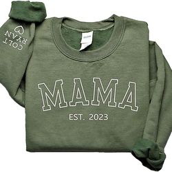 mama sweatshirt varsity letter embroidered, mothers day shirt, custom mama est shirt with kids names on sleeve
