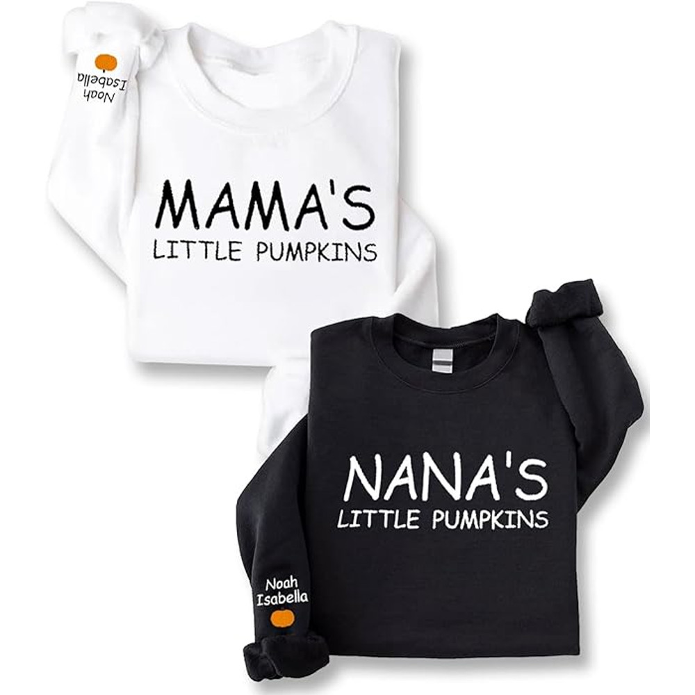 Mama's Little Pumpkins Embroidered Sweatshirt, Mama Sweatshirt, Mama Crewneck Sweatshirt, Custom Mama Shirt With Kids Names, Pumpkin On Sleeve.jpg