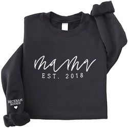 personalized embroidered mama sweatshirt, custom mama embroidered sweatshirt with kids names sleeve, gifts for mom